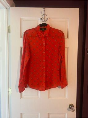 C. Wonder Red/Orange 100% Silk Button-Up Blouse with Camel Motif